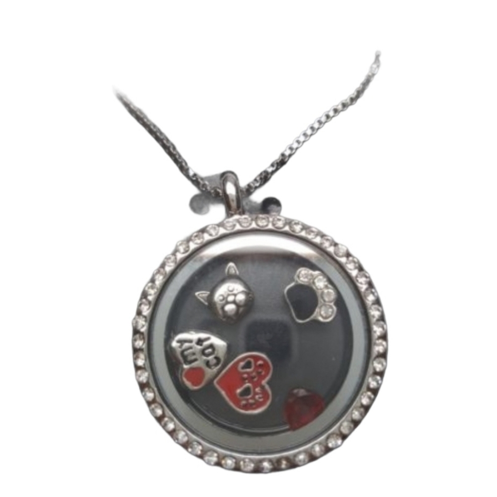 Silver Cat Lover 22"  Pendant Locket  Necklace I love my cat Heart rhinestones *
